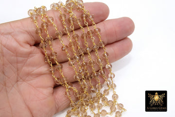 Smoky Gray Rosary Chain, 6 mm Crystal Gold Beaded Chains CH #419, Faceted Light Beige Boho Jewelry